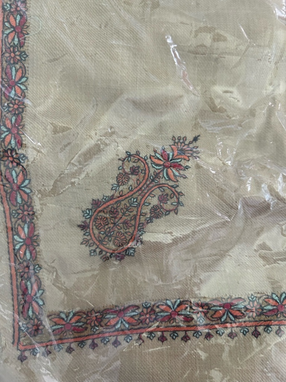 Embroidered  Pakistani shawls in Beige with Coral & Teal Accents